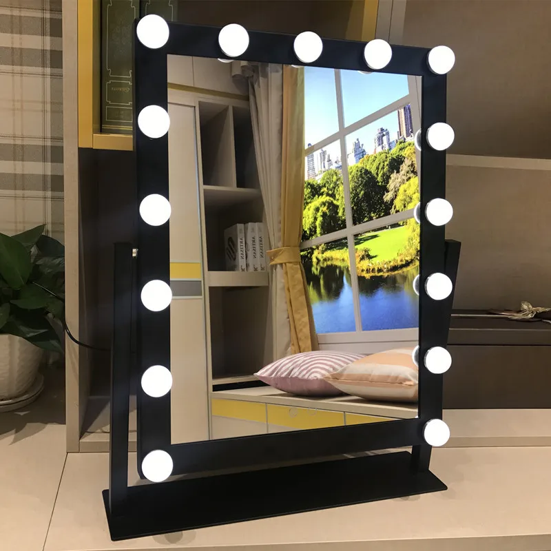 Светодиодный 15 ламповое зеркало, портативное зеркало принцессы, косметическое зеркало, туалетный светильник, 3 цвета, зеркало для макияжа, регулируемый сенсорный экран - Испускаемый цвет: 15bulb balck