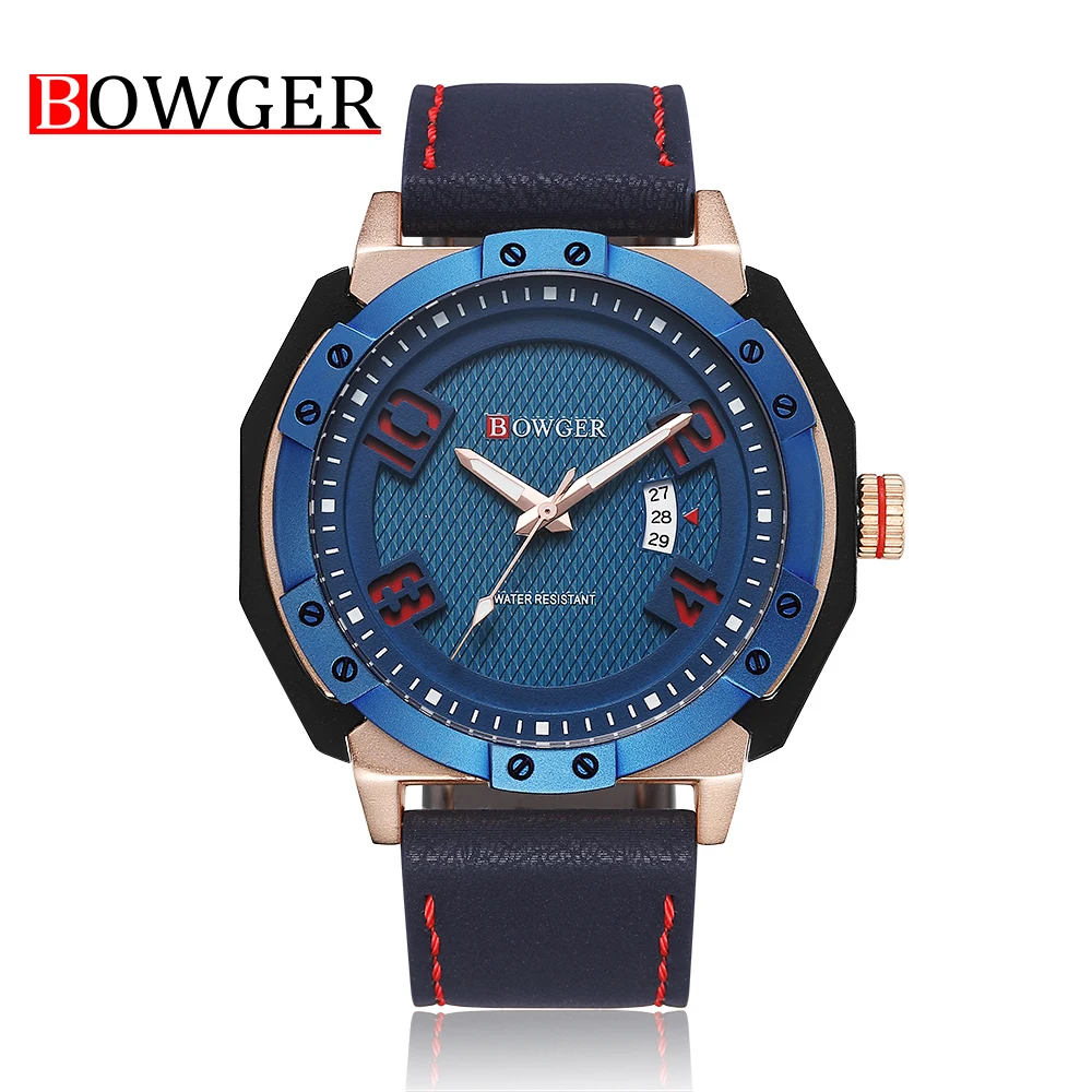 2018 BOWGER Men's Fashion Sport Watches Men Quartz Analog Date Clock Man Leather Military Waterproof Watch Relogio Masculino (22)