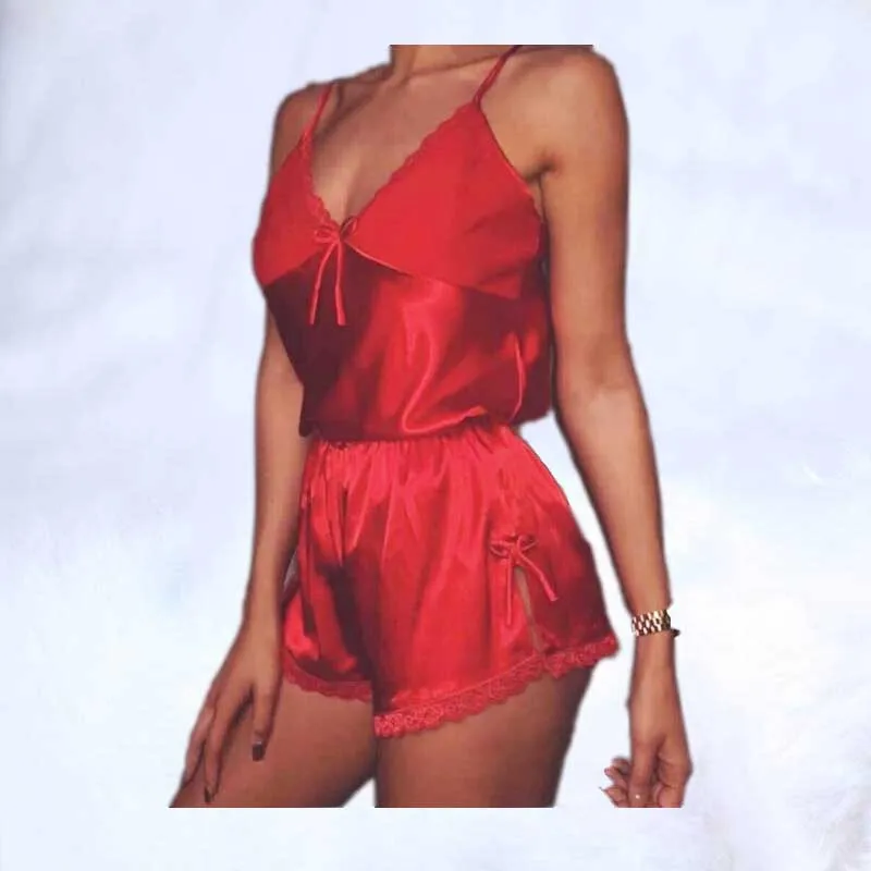 

Hot Summer Lingerie 2Pcs The Women Satin Silk Pajama Set Sleeveless V Neck Floral Sleepwear Top+High Waist Shorts Ladies