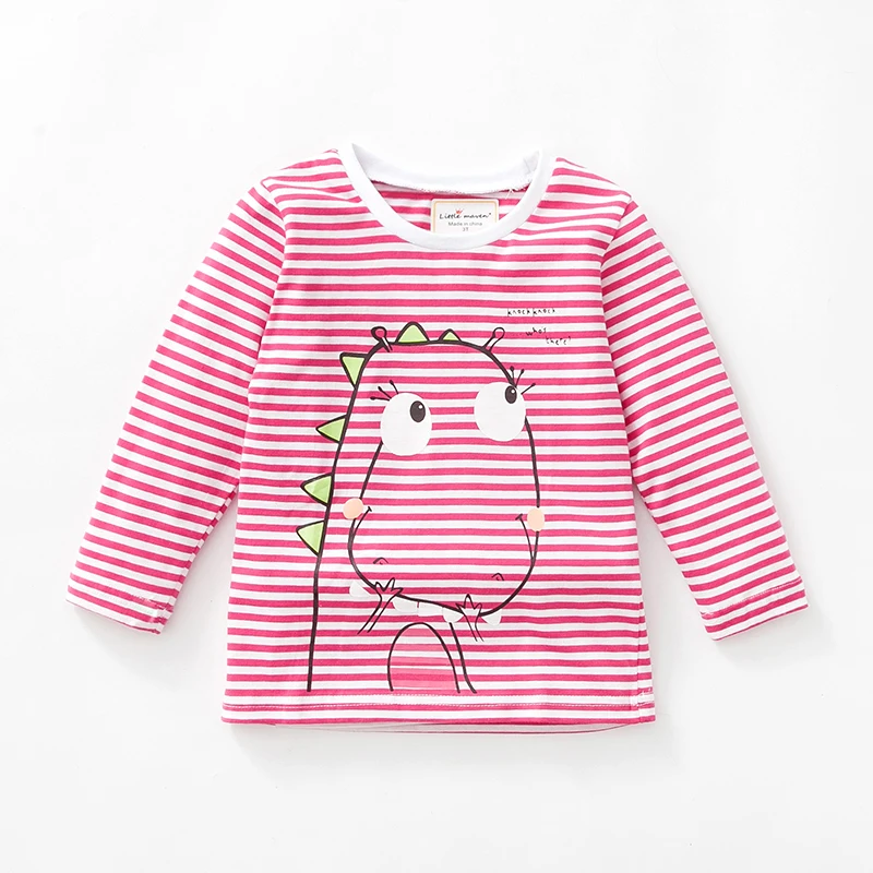 Little maven/детская брендовая одежда для маленьких девочек г., новая осенняя хлопковая футболка в полоску с длинными рукавами и принтом динозавра для девочек 51152