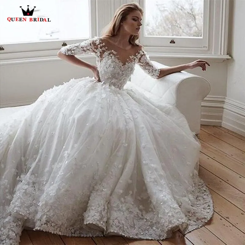 

Luxury Vintage Empire Half Sleeve Fluffy Long Train Tulle Flowers Crystal Peals Beaded Wedding Dress Bridal Gowns RT14