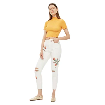 

High Waist Cross Stitch Elasticity Skinny Jeans Women Personality Push Up Hollow Out Ripped EmbroideRed Pencil Pants