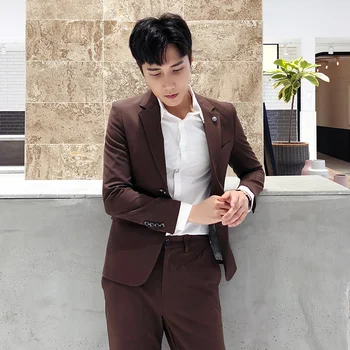 

New autumn men's slim trend suit two-piece youth wedding business casual dress casual men's clothing (blouse + pants)