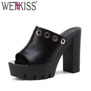 

WETKISS High Heels Slippers Women Peep Toe Metal Decoration Footwear Pu Platform Shoes Slides Mules Shoes Woman 2019 Summer
