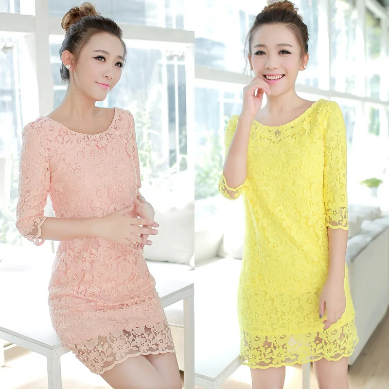 

2018 Spring Autumn Slim Was Thin Pink Lace Dress Plus Size Package Hip Yellow Dress Half Sleeve Bottoming White Dresses M-XXL