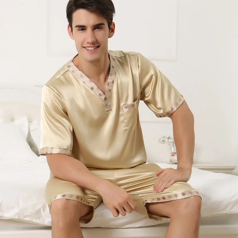 

Satin Silk Pajamas Shorts for Men Rayon Silk Sleepwear Summer Male Pajama Set Soft Nightgown for Men Pyjamas Nightwear Flannel