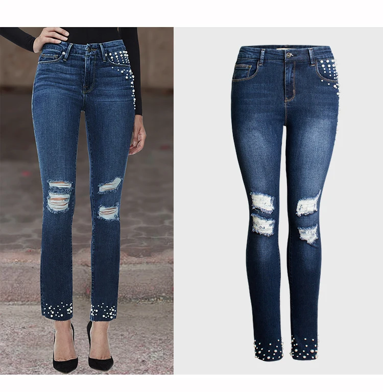 2018 Europe and the United States Women's new high-rise jeans Pearl beaded women's summer jeans trousers (3)