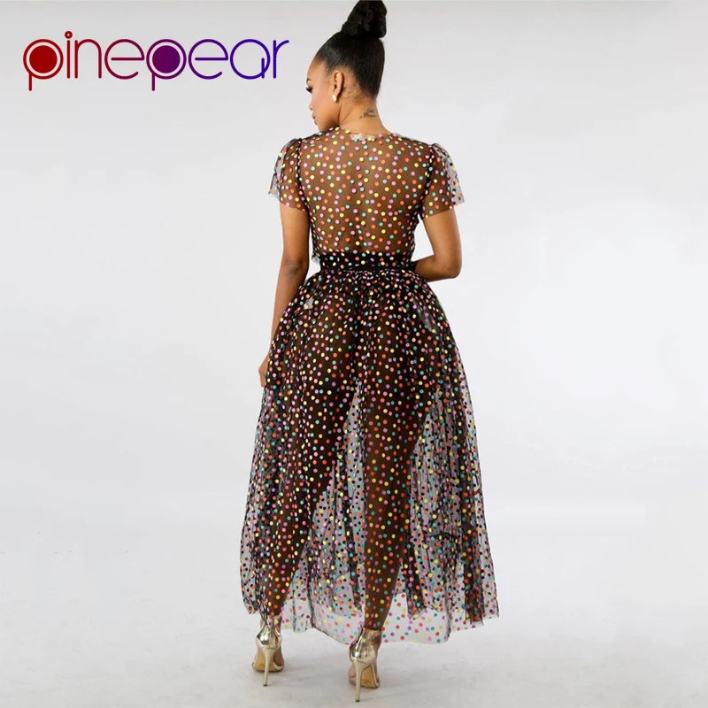 PinePear Candy Color 2019 Spring 2 Piece Set Cute Colourful Dot Transparent Mesh Sheer Maxi Dress Women Sweet Party Club Outfits PinePear Candy Color 2019 Spring 2 Piece Set Cute Colourful Dot Transparent Mesh Sheer Maxi Dress Women Sweet Party Club Outfits