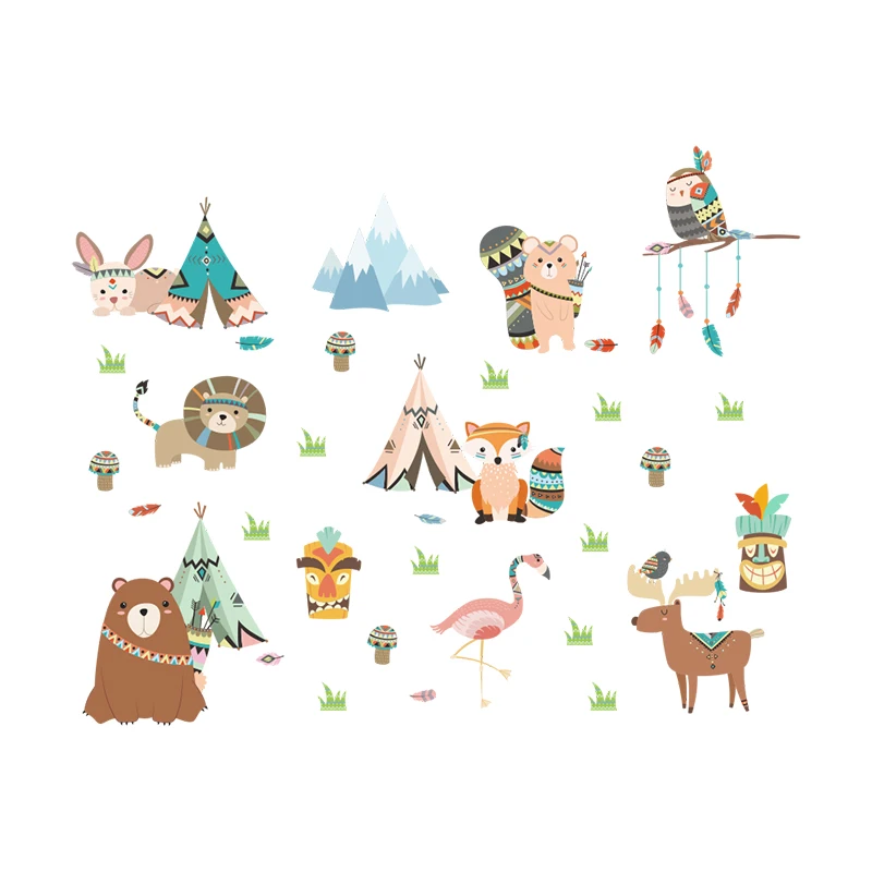 Jungle Wild Happy Zoo Lion Bear Flamingo Wall Stickers For Kids Room Accessories Cartoon Animals DIY PVC Mural Wall Art Decals