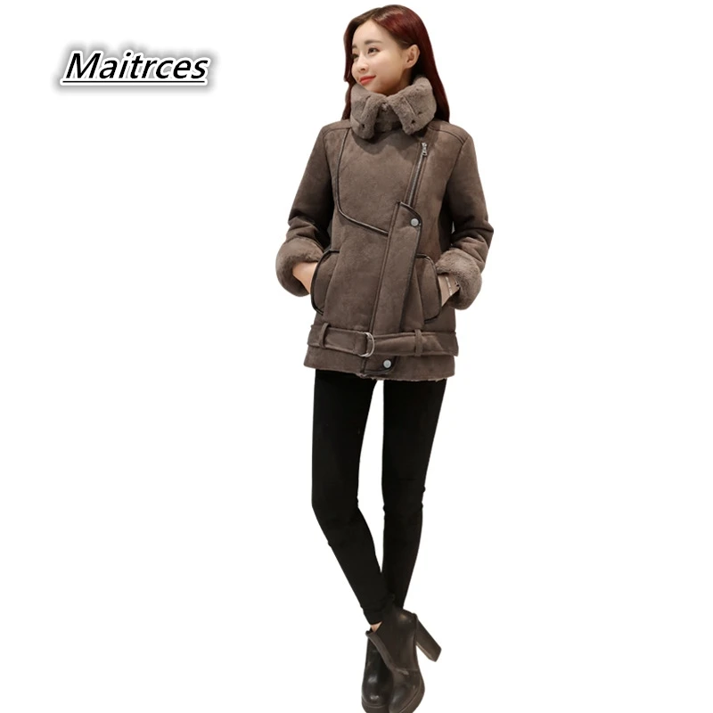 

2018 spring fashion imitation deerskin Wool Long section women Jackets autumn winter lapel long-sleeved belt Coat PC005