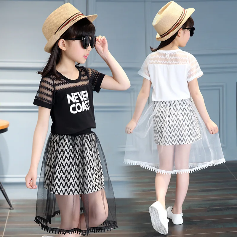 

Girls skirt 2019 summer new children's short-sleeved suit girls big children fashion skirt two-piece children's clothing
