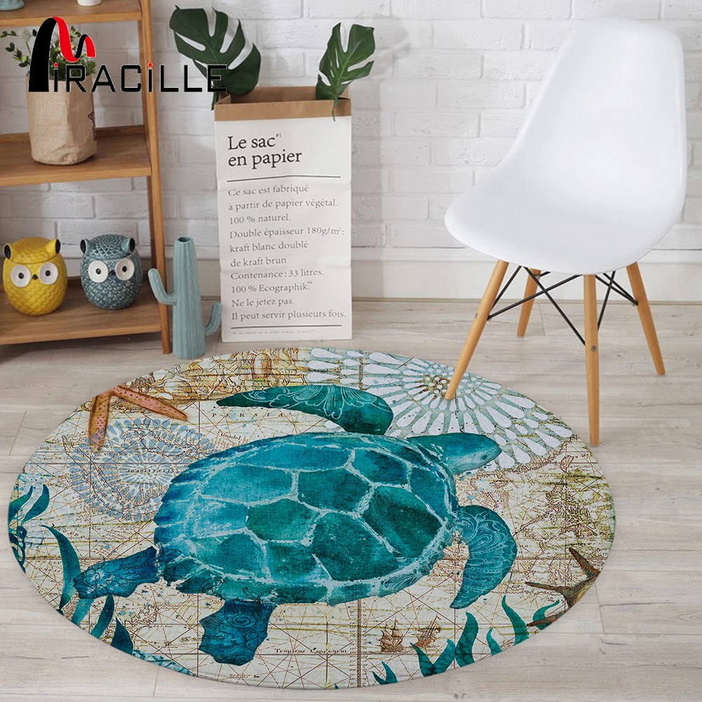 

Miracille Coral Velvet Computer Chair Floor Mat Sea Turtle Octopus Printed Round Carpet for Children Bedroom Play Tent Area Rug