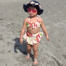 Одежда для купания для маленьких девочек, летняя детская майка из полиэстера с цветочным принтом для маленьких девочек, летняя одежда для купания, купальный костюм, комплекты бикини, F429