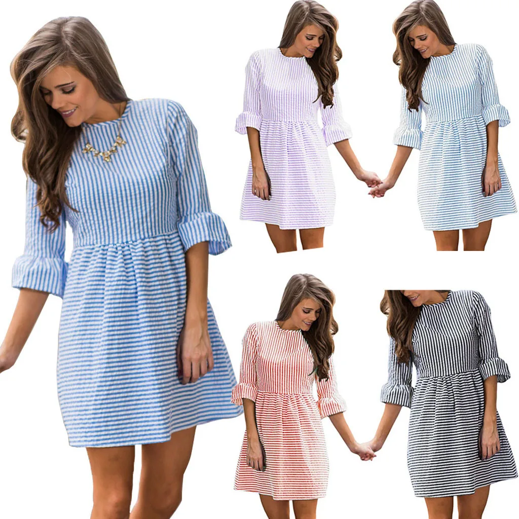 

Summer Dress Plus Size Dress Women Ladies Fashion Round Neck Striped Zipper Flare Sleeve Casual Mini Dress sukienka