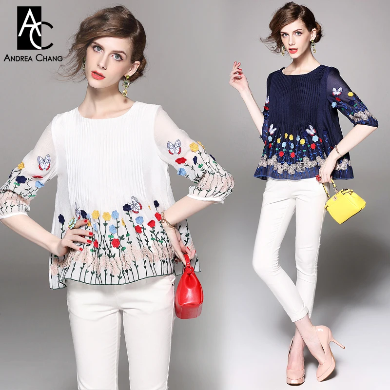 Musim semi musim panas runway designer womens kemeja blouse putih dark blue lipit dada colorful kupu-kupu bunga bordir merek top