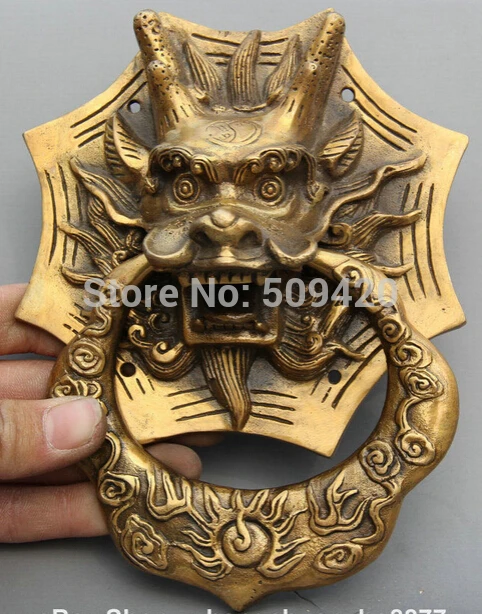 

Old Chinese Fengshui Bronze Foo Dog Dragon Kylin Door Holder Gate Knockers