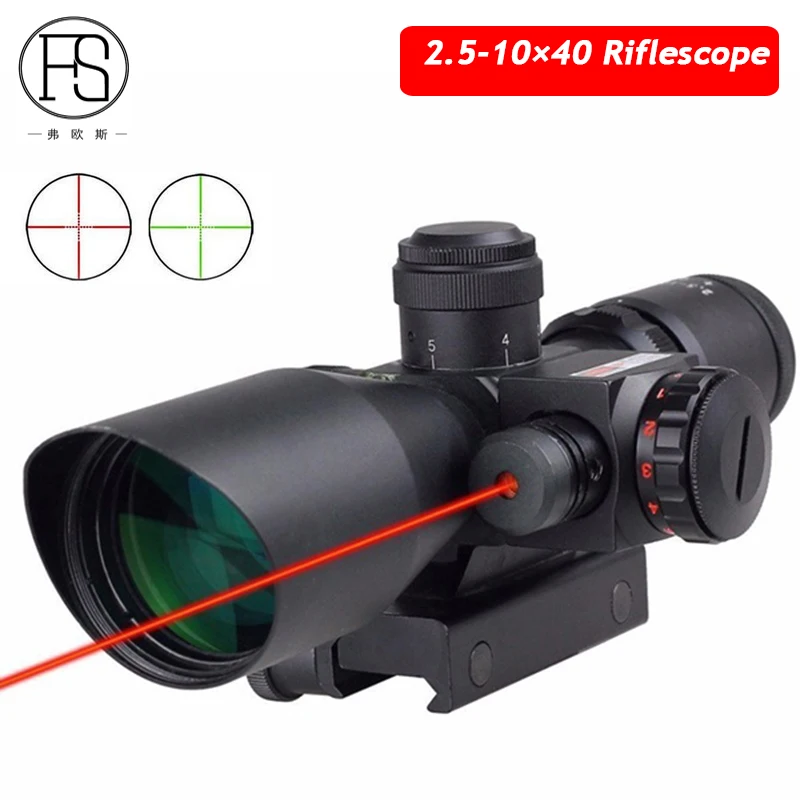 

2.5-10x40 Optics Tactical RifleScope With Red Laser Illuminated Red Green Mil-dot Sight Scope Outdoor Hunting Shooting Scope