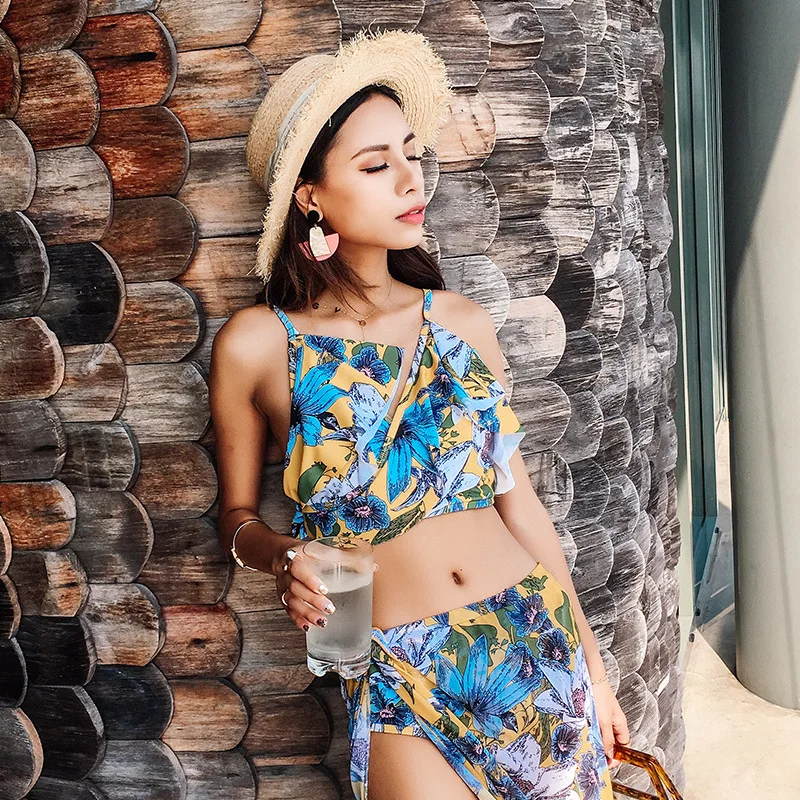 

Swimsuit For Girls Tankini Swimsuits Women 2019 Deuce Two Piece Bikini New Three Feminine Printed Korean Fragrance Shawl
