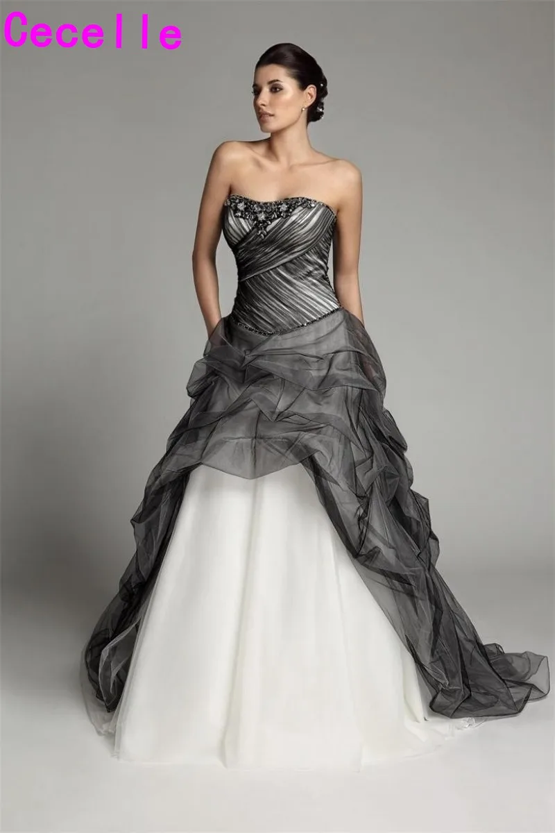 

A-line Long Gothic Black And White Wedding Dresses 2019 New Sweetheart Corset Pick-up Tulle Vintage Colorful Bridal Gowns Custom