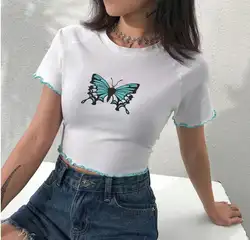 Белая Базовая летняя футболка для женщин с милыми бабочками и животными, футболки с короткими рукавами, вязаные, пикантные, шикарные