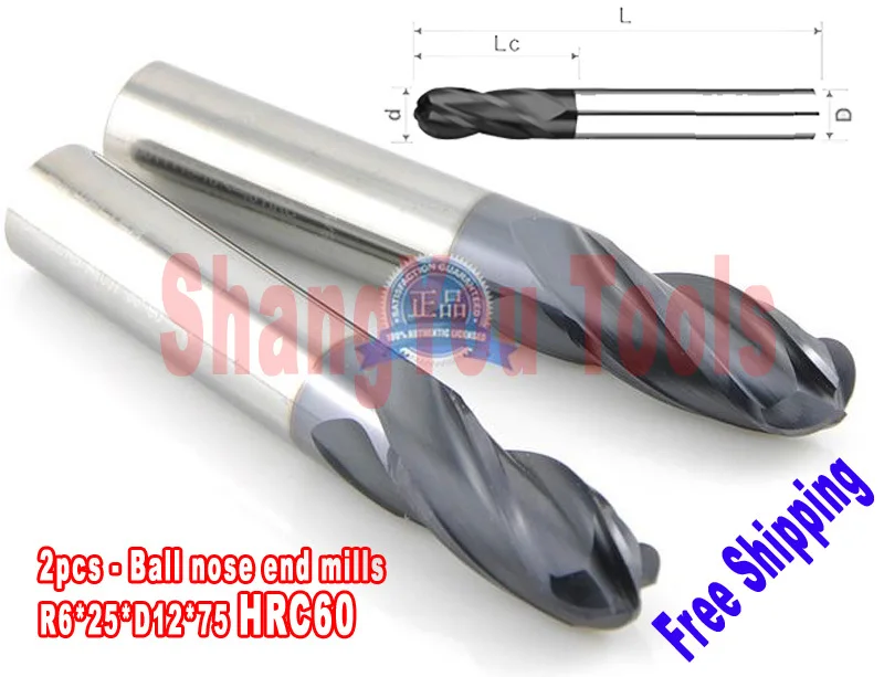 

2pcs 12mm HRC60 R6*25*D12*75 Four Flutes Carbide Ball nose end mills Spiral Bit Milling Tools CNC Router bits