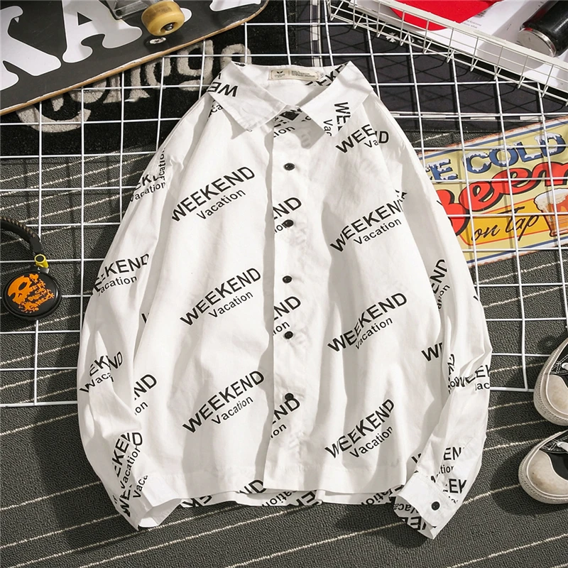 

Fashion Casual Men's Long-sleeved Shirt Autumn New M-5XL Printing Loose Bottoming Shirt Black White Personality Youth Popular