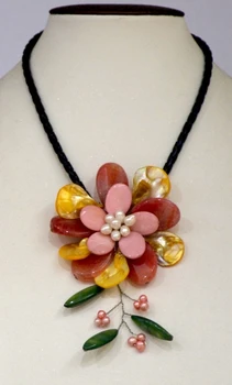 

2019 new arrival hot pink stone and yelllow shell mother of pearl choker necklace with woven leather 20inches