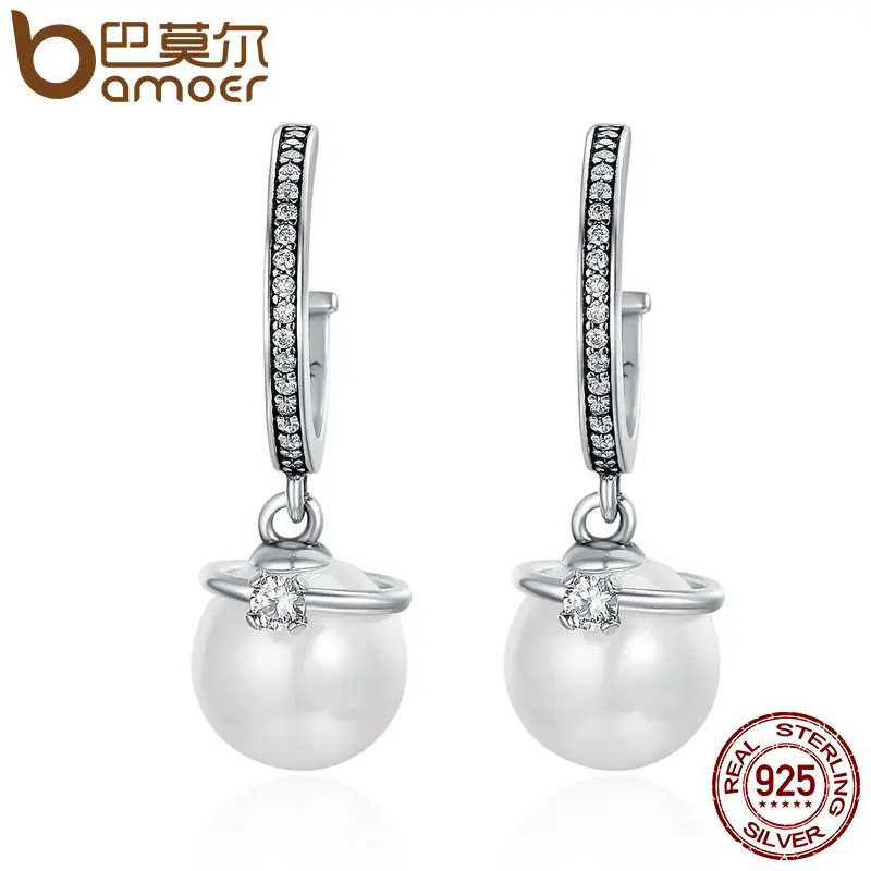 

BAMOER 100% 925 Sterling Silver Elegant Imitation Pearl & Clear CZ Hoop Earrings Women Authentic Silver Jewelry Bijoux SCE184