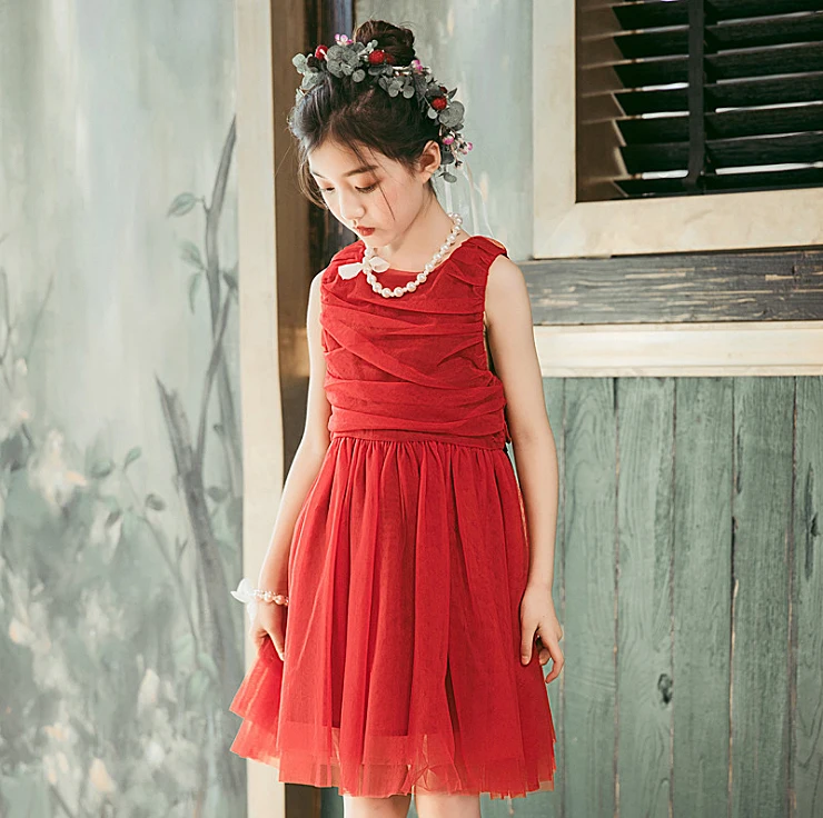 

5293 Ruched Mesh Sleeveless Princess Baby Girl Dress 2019New Summer Wedding Party Kid Dress For Girl Wholesale baby girl clothes