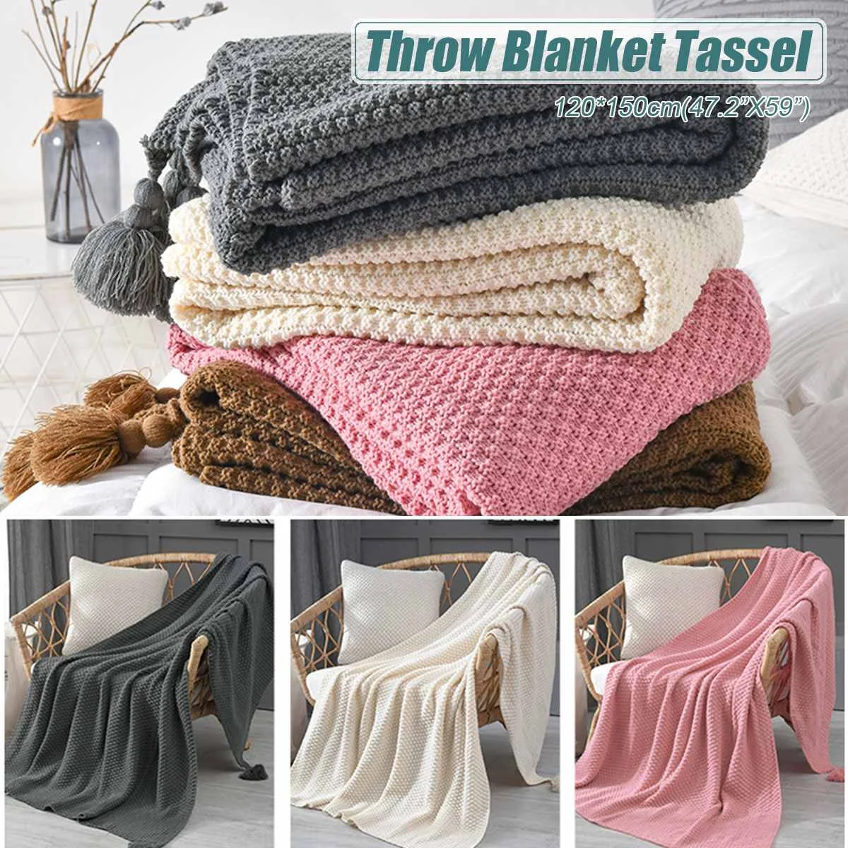 

Prevent Electrostatic 120x150cm(47.2X59) Sofa Throw Blanket Polyester Tassels Air Condition Blanket Travel Beige Gray Pink