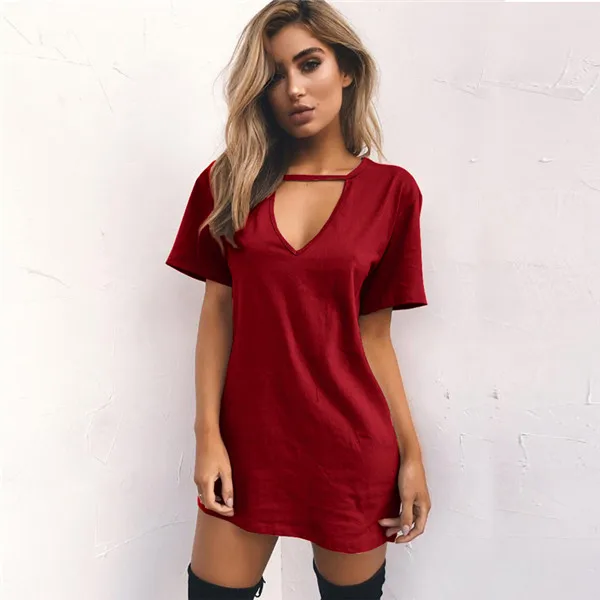 Rogi t-shirt Vestidos, летнее платье-футболка с v-образным вырезом, женские вечерние платья с коротким рукавом, женские белые и черные платья, топы, женская одежда 3XL - Цвет: Wine Red