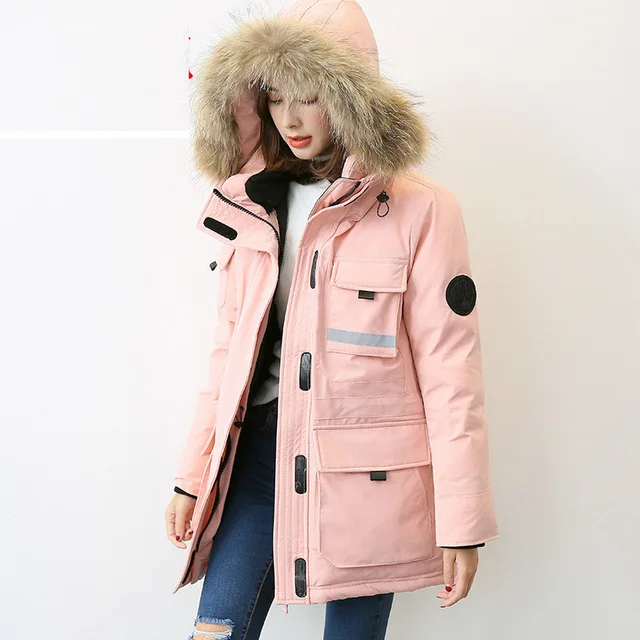 2018 new down jacket women's mid length goose down coat hooded fur