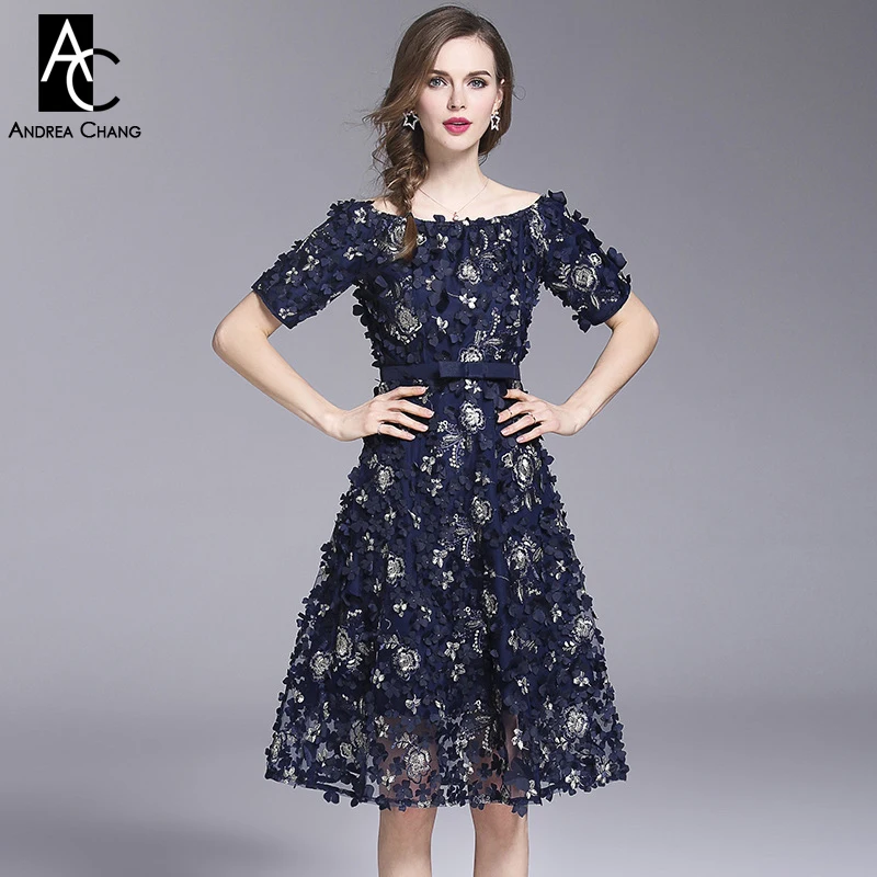 

S-XXL spring summer woman dress 3d flower applique dark blue dress ball gown wasit bow fashion cute sweet knee length dress