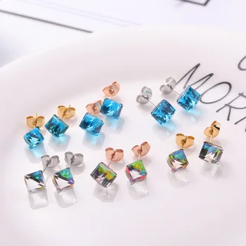 

YUN RUO Fashion Cube Zircon Crystal Stud Earring Rose Gold Color Woman Birthday Gift Titanium Steel Jewelry Never Fade Wholesale