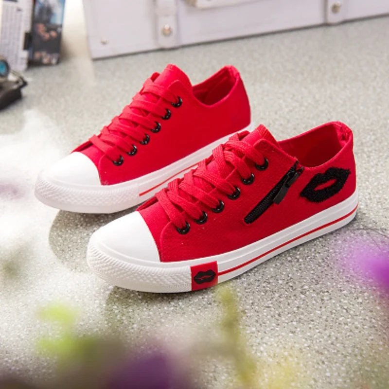 

2018 summer new canvas shoes female low waist lace side zipper student flat casual shoes