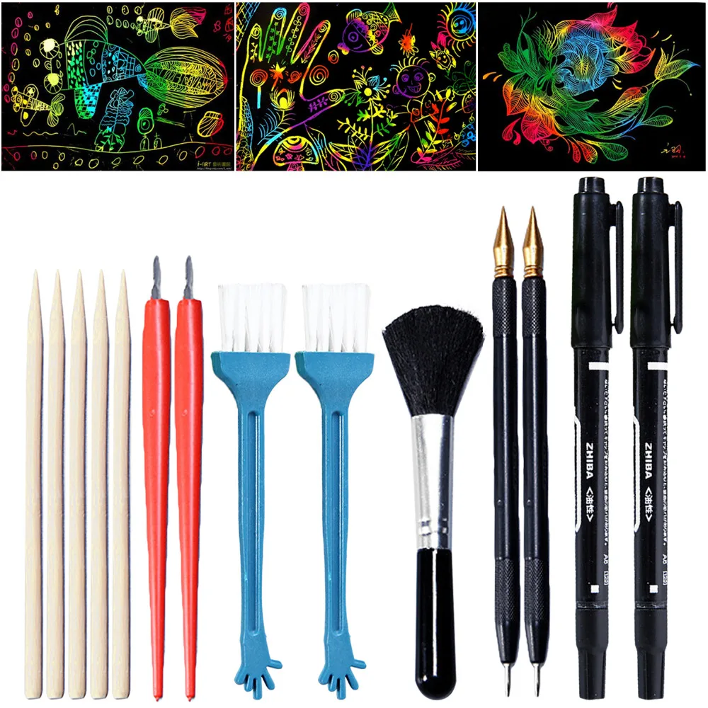 14Pcs Scratch Art Tools Set with Bamboo Sticks Scraper Repair Scratch