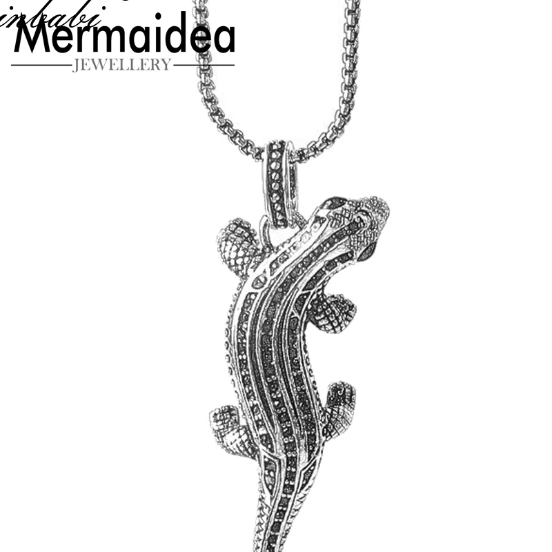

Link Chain Pendant Necklace Salamander Pave Gift Men Women 925 Sterling Silver Fashion Punk Skeleton Jewelry
