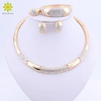 

Indian Bridal Wedding Clear Crystal Jewellery Sets For Women African Beads Jewelry Set Gold Choker Costume Jewelry