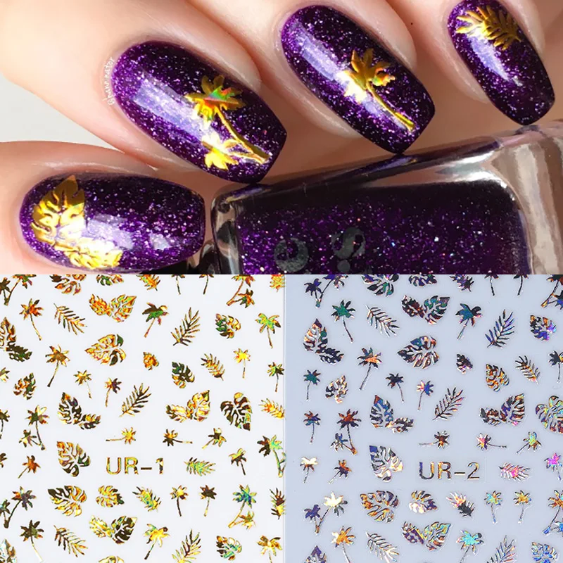 

1 Sheet Holographic Gold Silver 3D Nail Sticker Leaf Coconut Tree Nail Art Transfer Decals Manicure Decoration