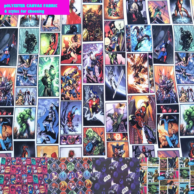 

Fine Cartoon Avengers Hero Canvas Fabric Hero Star War Print Polyester Fabric DIY Bag Sewing Home Patchwork Pillow 145cm Wide
