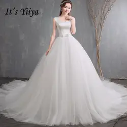 Это YiiYa свадебное платье белый квадратный воротник элегантный поезд Свадебные платья без рукавов со шнуровкой сзади большой бант