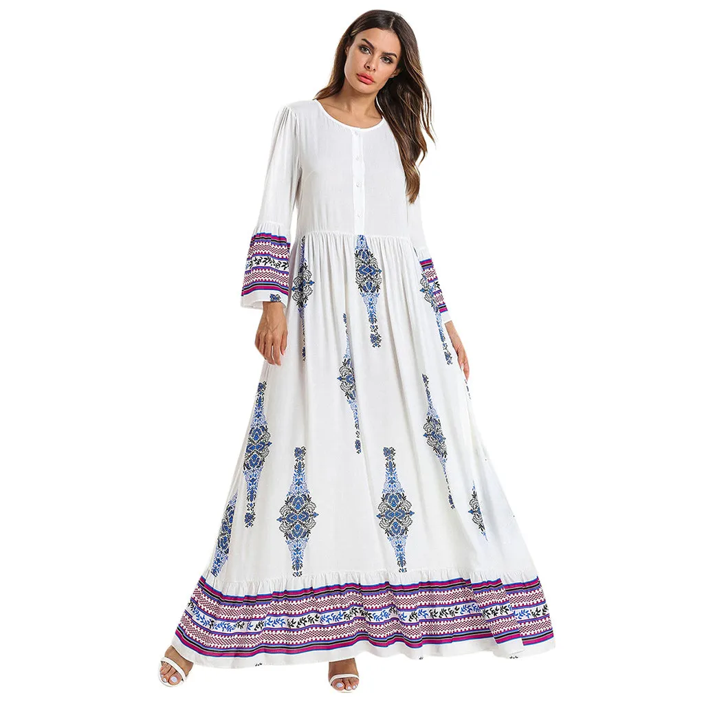 

2019 Summer Muslim Dress women's Fashion Trumpet Sleeve Button Decorative Pattern Printed Islamic Arab National Dress