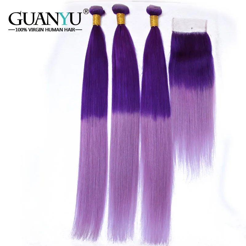 Guanyuhair Ombre # фиолетовый/светло фиолетовый 3 Связки с 4x4 синтетическое закрытие