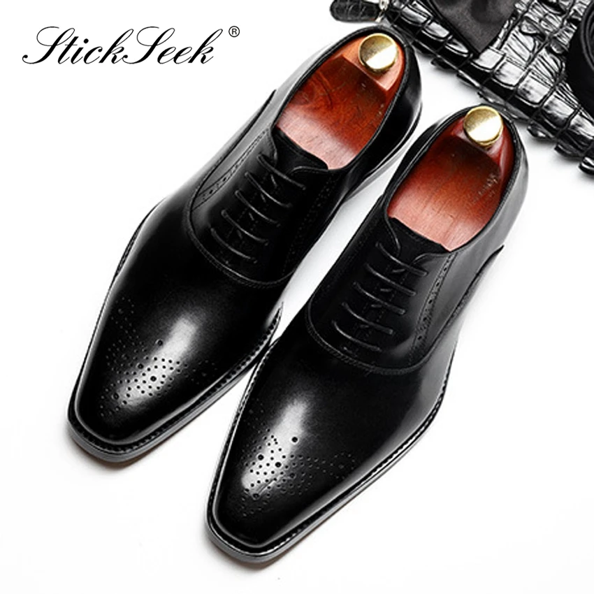 

Vintage Designer Genuine Leather Formal Breathable Brogues Shoes Square Toe Men's Handmade Carved Party Oxfords For Male SG180