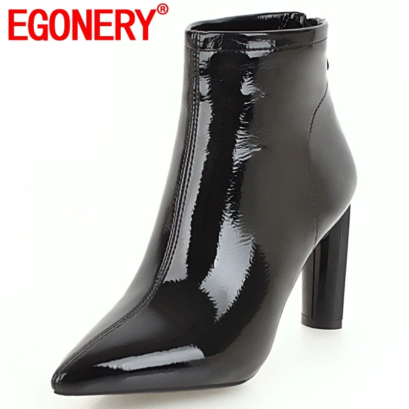 

EGONERY women shoes 2019 new fashion sexy pointed toe super high strange style zipper patent leather ankle boots size 32-40