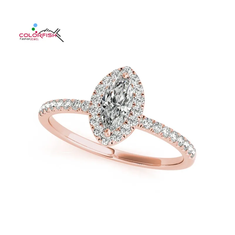 COLORFISH 1 ct Marquise Cut Halo Engagement Rings for Women Sona Luxury Jewelry Rose Yellow Gold Color Sterling Silver 925 Rings
