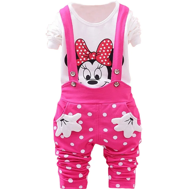 Girls overall set Baby Tops Mickey Cartoon T-shirt+ Bib Pants Outfits Set Costume 1-4Y 3 colors | Детская одежда и обувь