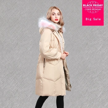 

Real duck down fashion brand winter colorful real fur collar long down jacket female super long thicker hooded down coat wq141