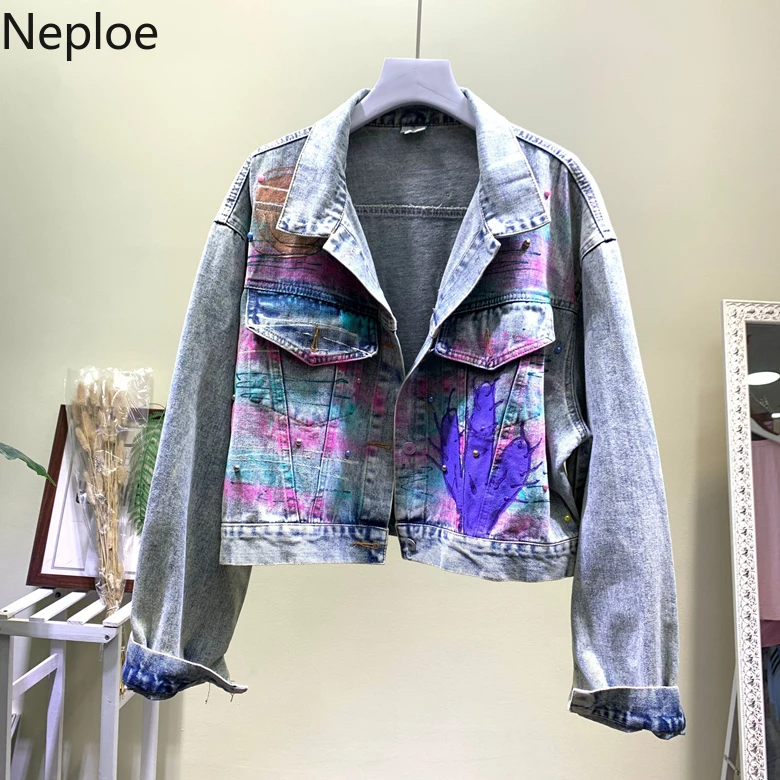 Neploe осень новая Корейская джинсовая куртка с бусинами для ногтей Женская модная Тяжелая короткая ковбойская ретро ручная роспись Свободная джинсовая куртка 53929