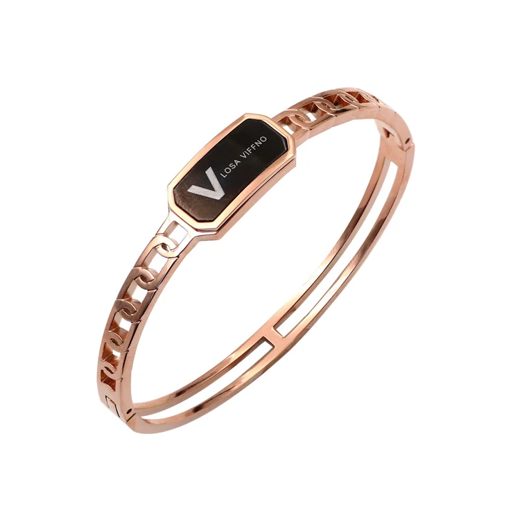 

High Quality Rose Gold Black V Letter Imitation Chain Bangle Hollow Out Design Stainless Steel Bracelet bracelets for Women